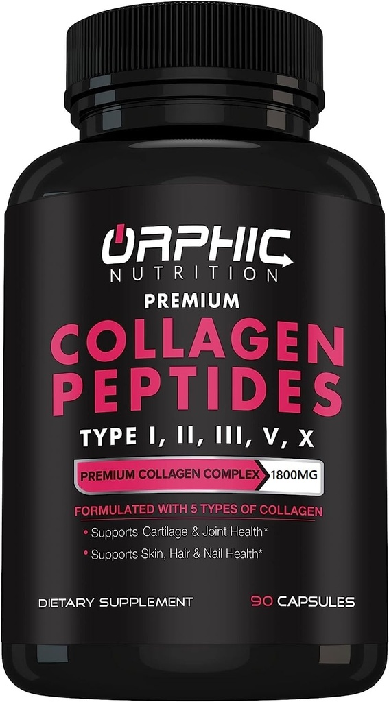 ORPHIC NUTRITION Collagen Peptides kapselit naisille, 1800 mg Multi Collagen pillereitä tyypit I, II, III, V, X - Tukee Ruoansulatuskanavan ylläpitää vahvat nivelet, jänneet, nivelsiteet ja lihakset * 90 Caps