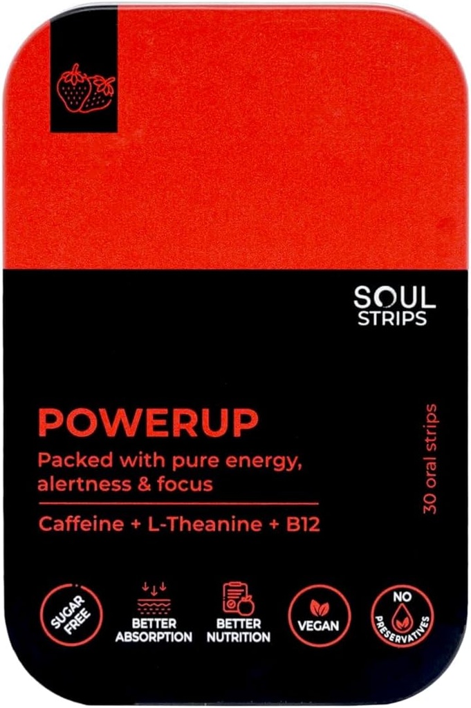 Soul Strips Power Up - workout + Energy Oral Strips kofeiini, L-Theanine, B12-vitamiini, Mansikka maku, parantaa aineenvaihduntaa, nopea absorb, päivittäinen käyttö, nolla sokeria, vegaaninen, 30 nauhat pakkaus