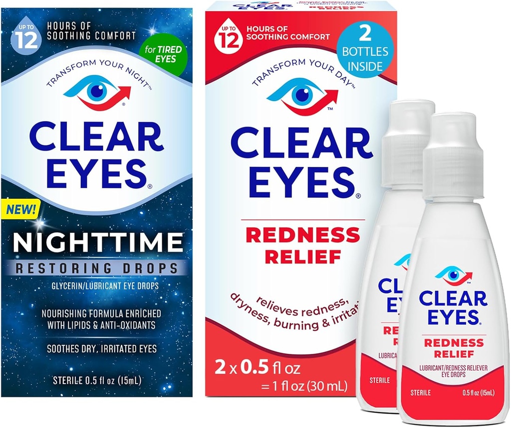 Bundle of Clear Eyes Nighttime Restaurang Eyes Drops, Nighttime Relief Dry Eye Drops, 0,5 Fl Oz + Clear Eyes Redness Relief Eye Drops, 0,5 oz, Dual Pack