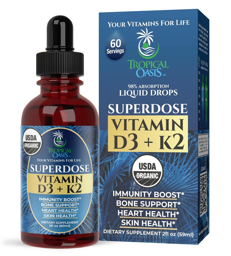 USDA Organic Liquid Vitamin D3 K2 Drops for Adults | Superdose 8000IU Pure Vitamin D3 | 60 Serv | Vitamin D K2 Supplement för Immune Support & Bone Health | 98% Absorption | Vegan, icke-GMO | 2 Fl Oz