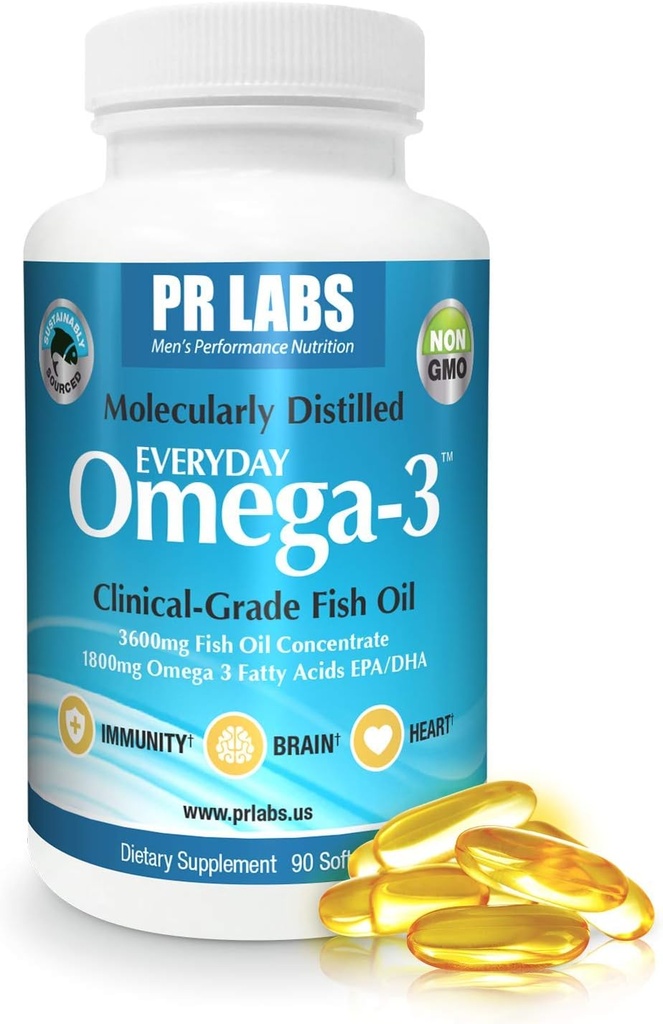 PR Labs - Everyday Omega-3 Clinical Grade Fish Oil Supplement for Men - Promotes Heart, Brain, Immuuni ja Joint Support - kestävästi lähde ja molekyyli tislattu - 1800mg EPA ja DHA - 1 Pack