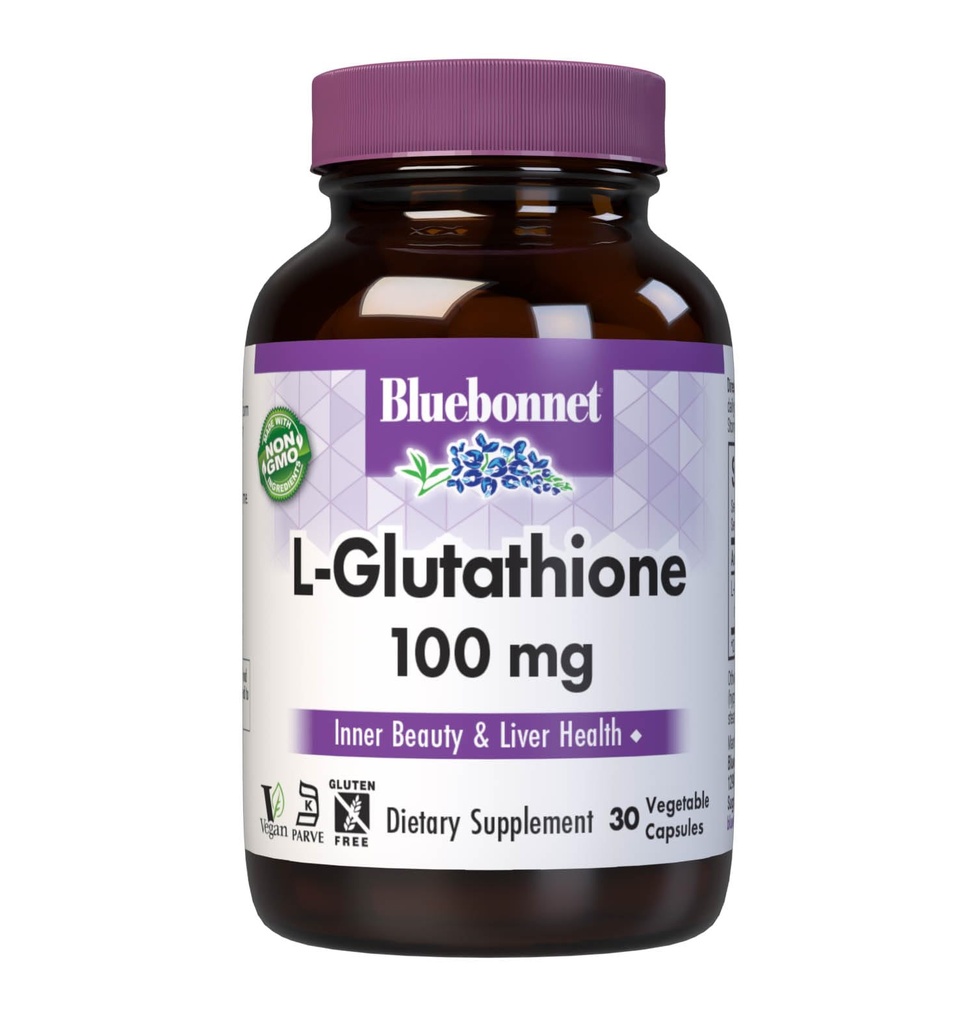 Bluebonnet Nutrition L-Glutatione 100mg, Free-Form Amino Acid, ilmaisen radikaalin suojan, soijaton, gluteeniton, ei-GMO, Kosher Certified, Vegan, 30 kasvikapselit, 30 tarjoilua