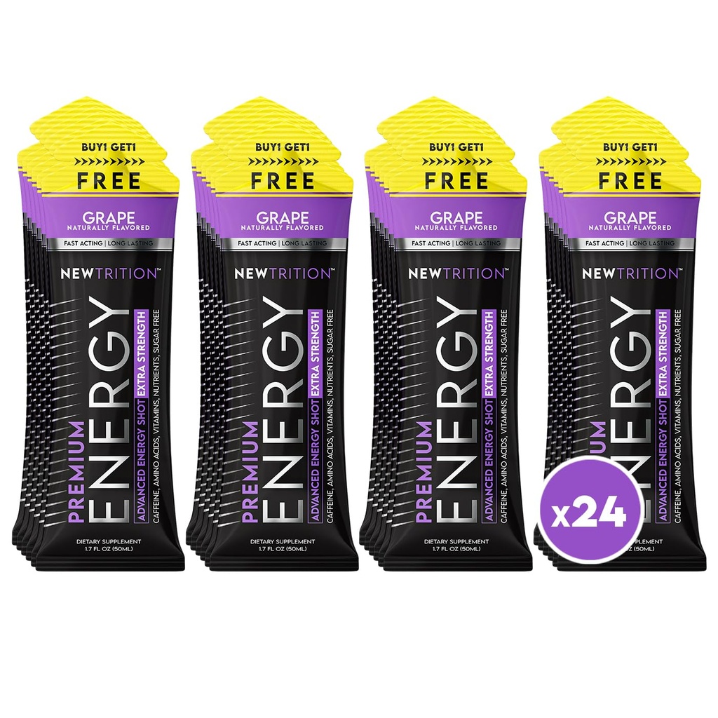 NewTrition® Extra Strength Energy Shots, 250 mg kofeiini energia laukausta B-vitamiinia ja Aminohappoja, sokerivapaa energia Shot, 1,7 fl oz (pakkaus 24, viinirypäle)