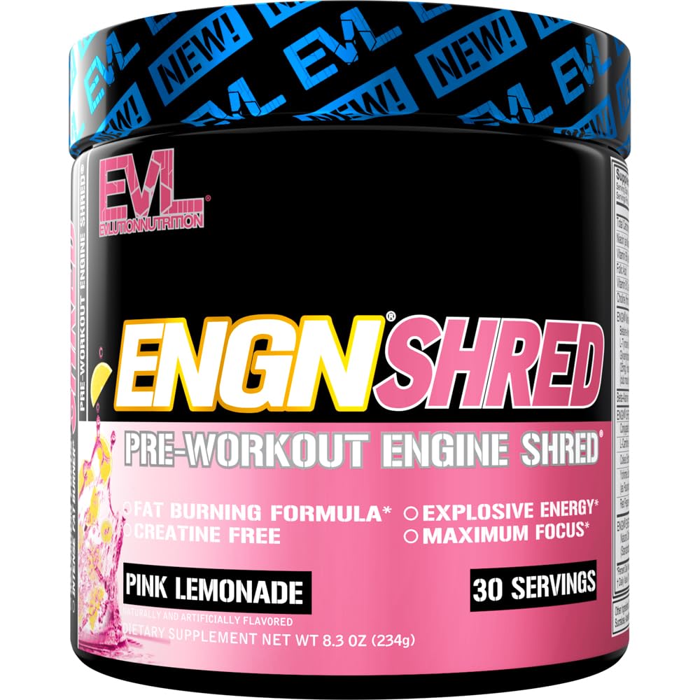 EVL Ultimate Pre Workout Powder - Thermogenic Fat Burn Support Preworkout Powder Drink för bestående energifokus och uthållighet - ENGN Shred Intense Creatine Free Preworkout Drink Mix - Rosa Lemonade
