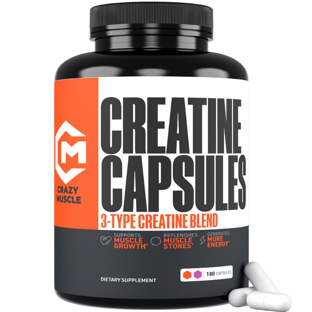 Kreatiinikapselit, 5g Premium 3X ThreeAtine Pre Treenout Bulk Lihasmassan saantiin, korkea imeytyminen Helppo ottaa Creatiini Monohydraatti pillerit Vaihtoehtoinen Optimum Performance miesten naisten 180 kapselia