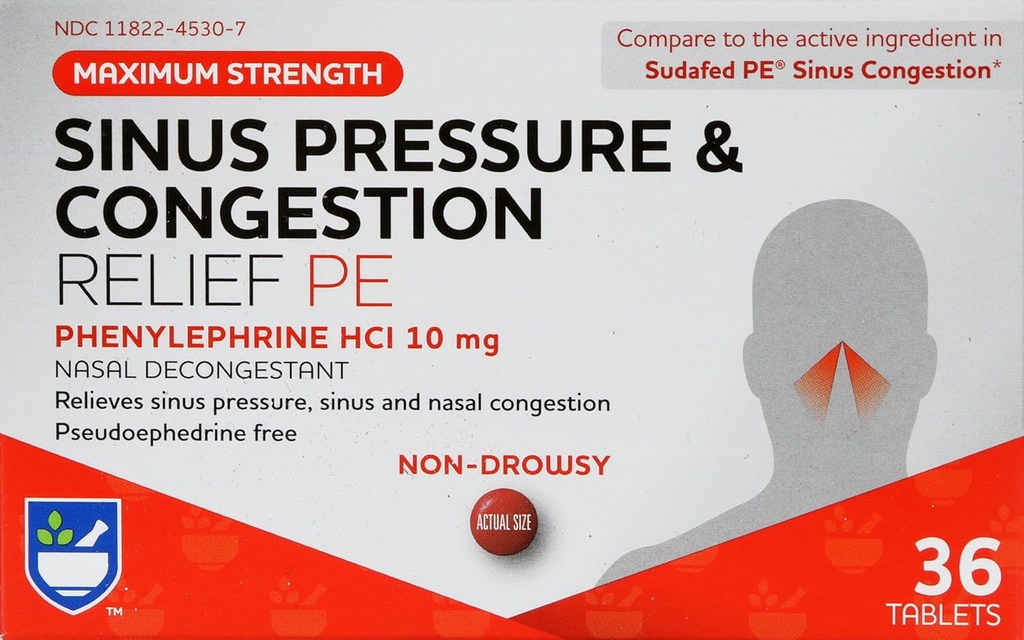 Rite Aid Sinus Pressure and Congestion Non- Drowsy Relief PE, 10mg - 36 tablettia Nasal Decongesstant 