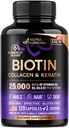 Biotiini ... Kollageeni... Hyaluronihappo... Keratiini... Kliinisesti testattu lisäravinne - hiusten kasvutuki, iho ja kynnet - 25000 mikrog B2, B3, B6 & B7 + B1 - Valmistettu USA:ssa - Naiset ja miehet 120 kapselia