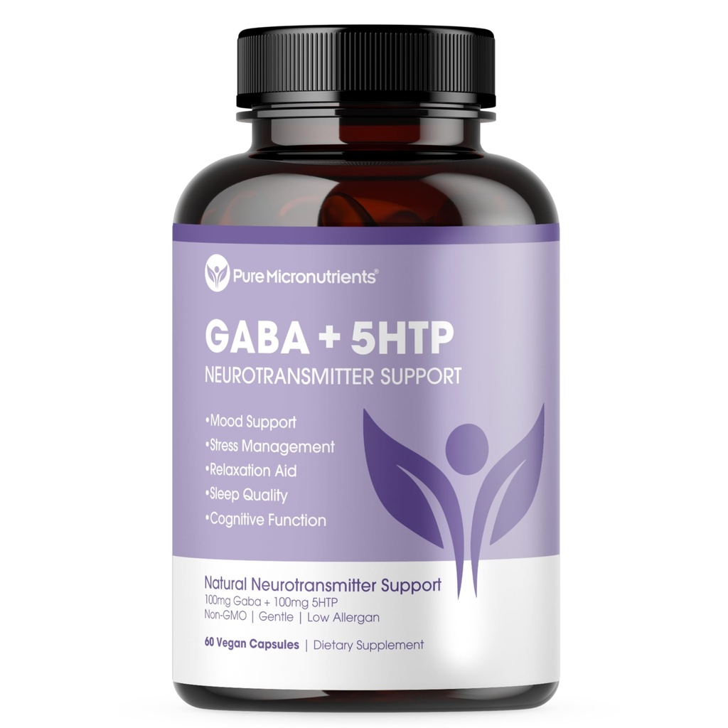 Puhdas 5-HTP (5-hydroksitryptofaani) Plus GABA- täydennysosa - uneen, mielialaan ja stressinhallintaan - 60 kasviskapselia