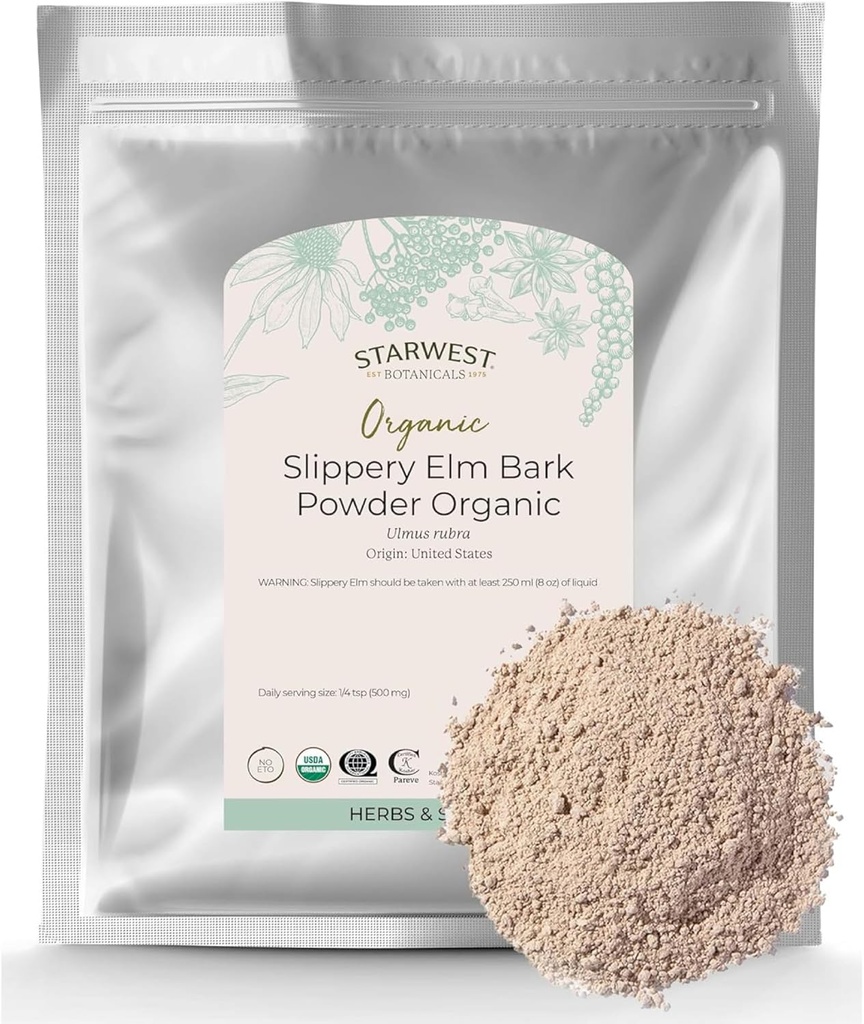 Starwest Kasvitieteet Organic Slippery Elm Bark Powder for Women & Men - Perinteinen yrtti teetä & hyvinvointi, Nauti maidon & makeuttaja, Certified Kosher, ei-GMO - Bulk 1 lb Bag