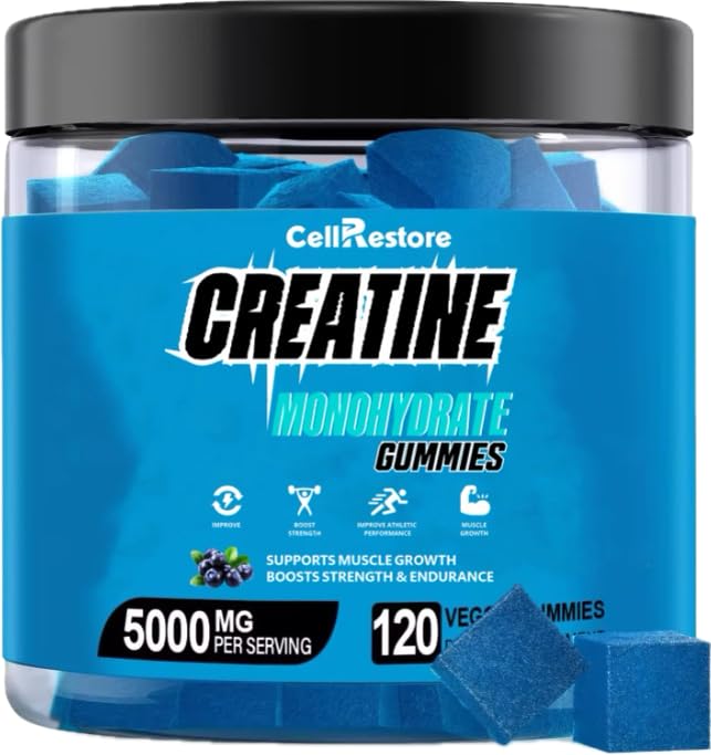Kreatinmonohydrat Gummies för män och kvinnor-5g av kreatinmonohydrat per portion - Hjälp öka styrka och bygga muskler, sockerfri, Vegan, blåbär smak, 120 greve