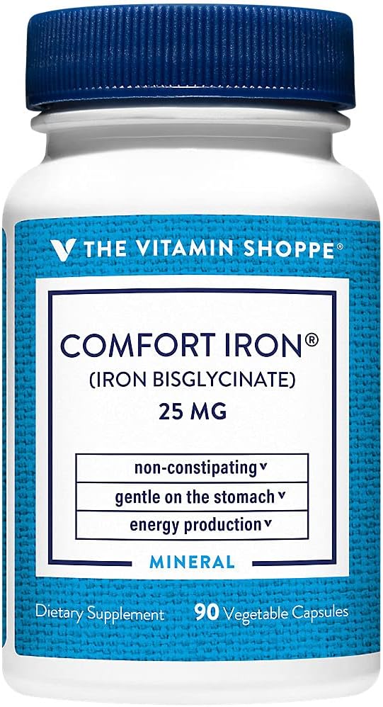 Vitamiini Shoppe Comfort Iron 25MG, Kliinisesti tutkittu Iron Bisglysinaatti, energian tuotanto ja immuunituki, Hellävarainen & ei-kosteuttava täydennysosa (90 kasviskapselit)