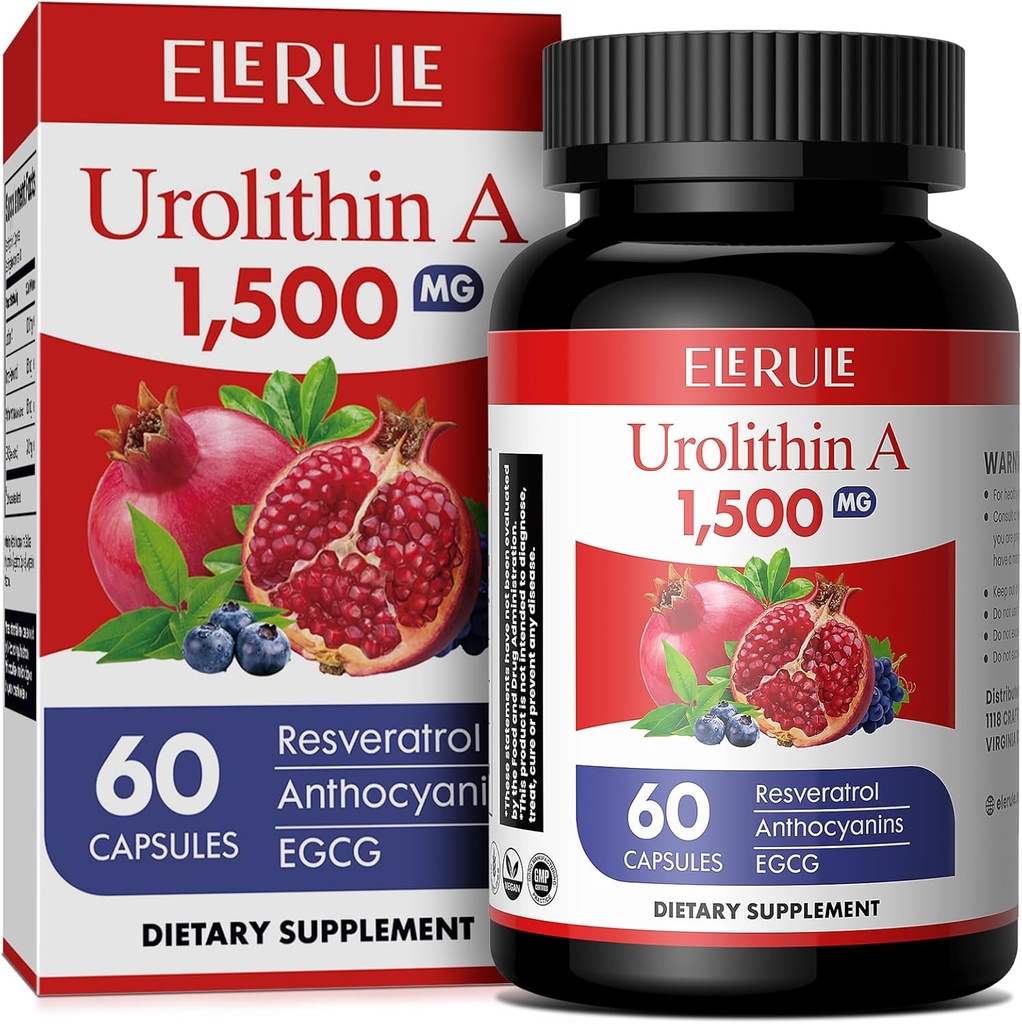 Urolithin A Supplement 1000 mg Plus Trans-Resveratrol, Anthocyaniner, grönt te, främjar hälsosam åldrande, stödja cellulär och energi för män och kvinnor, 60 kapslar