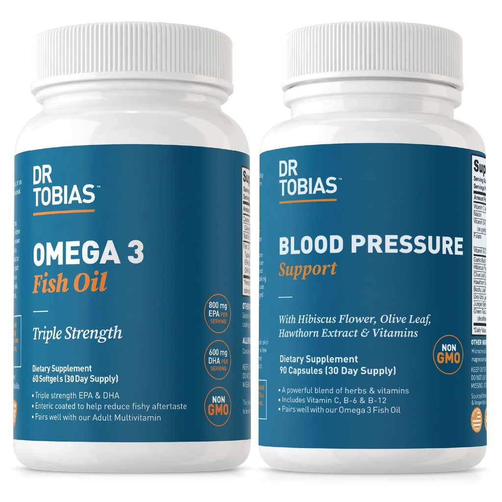 Dr Tobias Omega 3 Fish Oil & Blood Pressure Support Supplements for Heart, Brain, Immune, Circulatory Health, med vitamin C, B6, B12, Niacin, Folate & Herbs