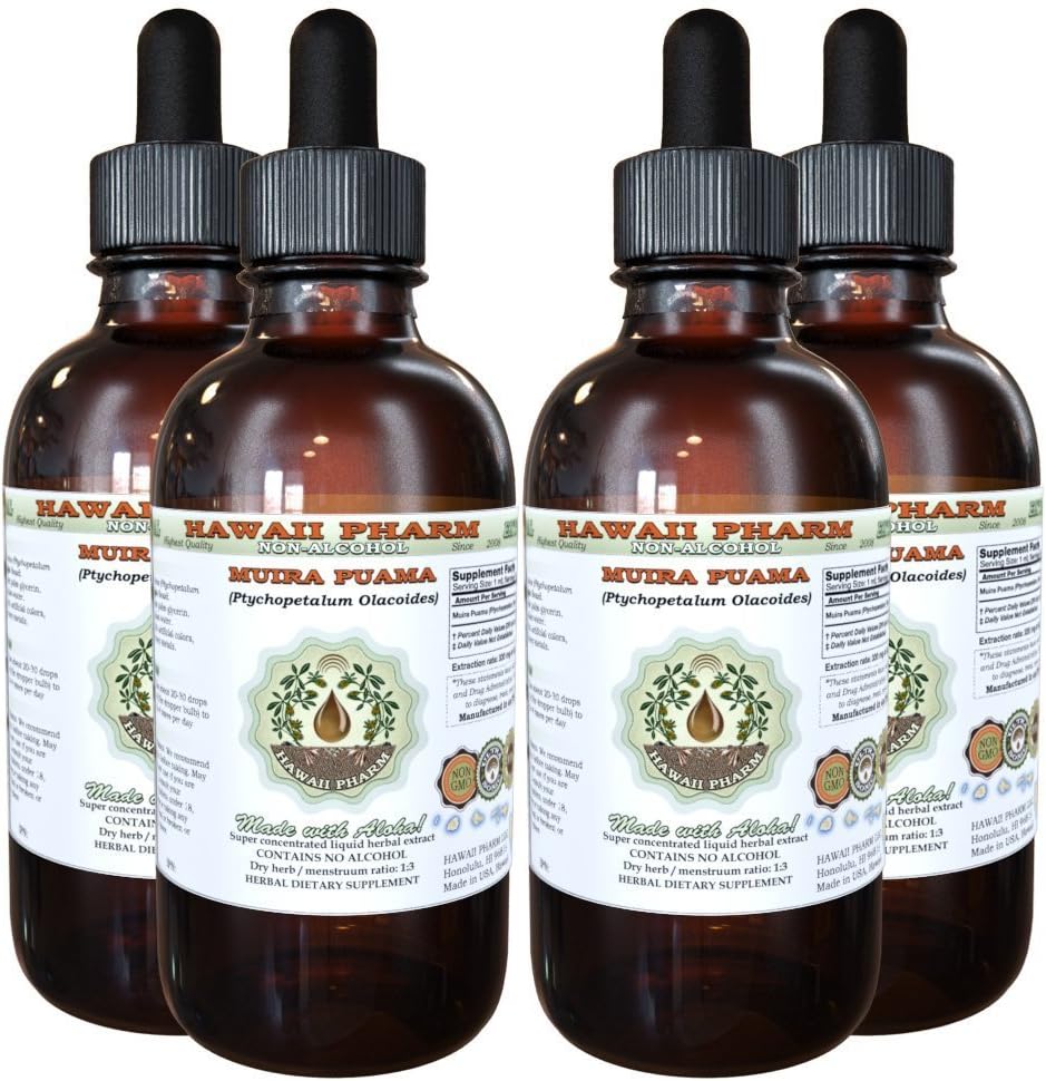 Muira Puama Alkoholiton nesteuute, Organic Muira Puama (Ptychopetalum Olacoides) Glycerite Natural Herbal Supplement, Havaiji Pharm, USA 4x4 oz