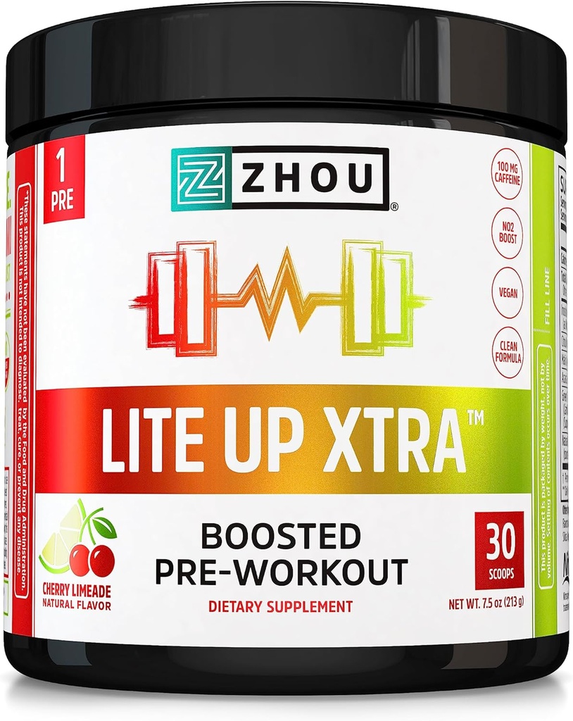 Zhou Lite Up Xtra - Sokeriton esitreenijauhe naisille ja miehille, esitreeni täydentää kofeiini puhdasta energiaa, Aminohappo tuki, Hydrate & Focus, Plant Based - 30 Scoops