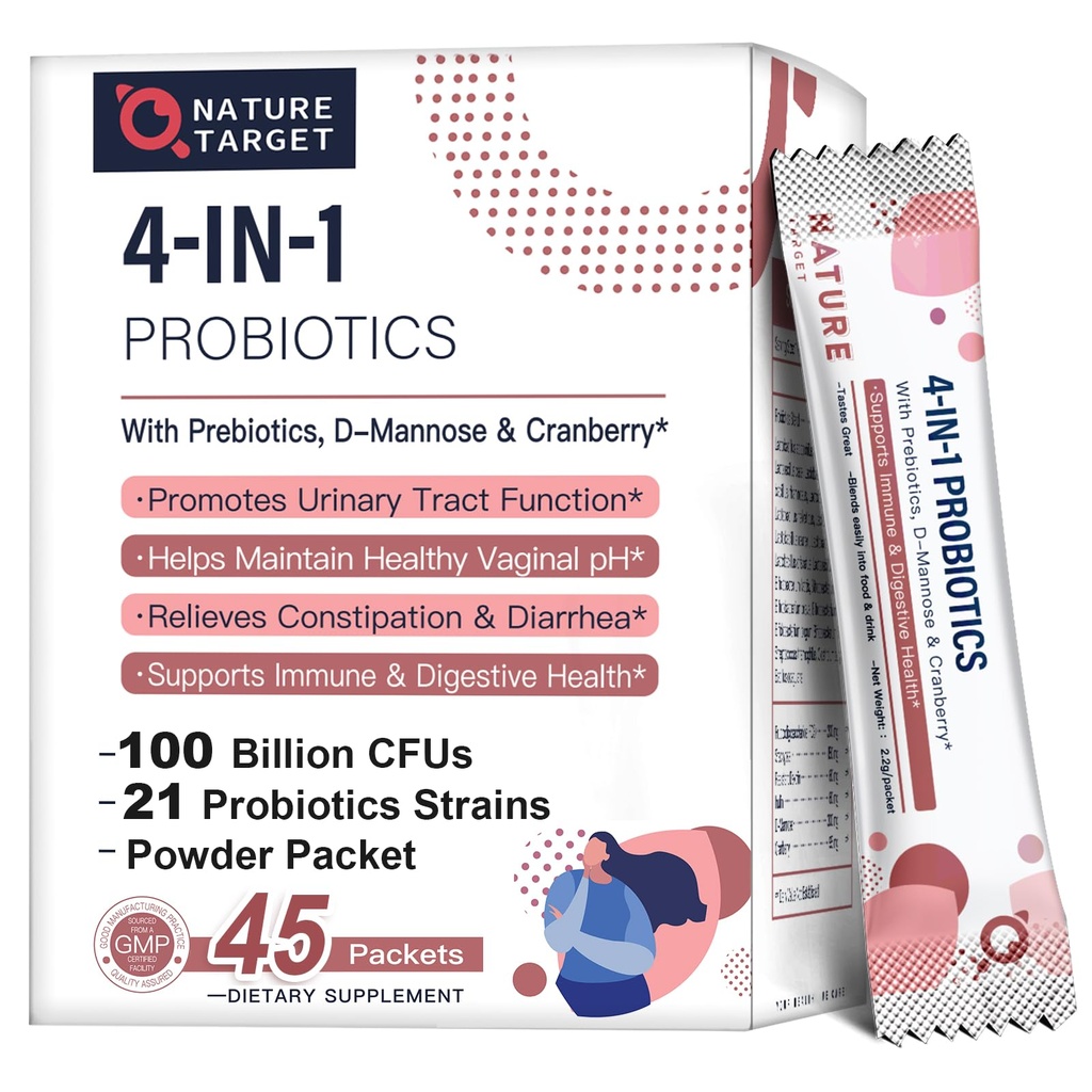 NATURAL TARGET Probiootit - naisille Prebiootit-ja-Probiootit-Powder, 100-biljoonia-CCFUs 45-päivä-Supplly, naisten-Probiootti D-Mannose ja karpalo virtsatie / Gut / digestiivinen terveys