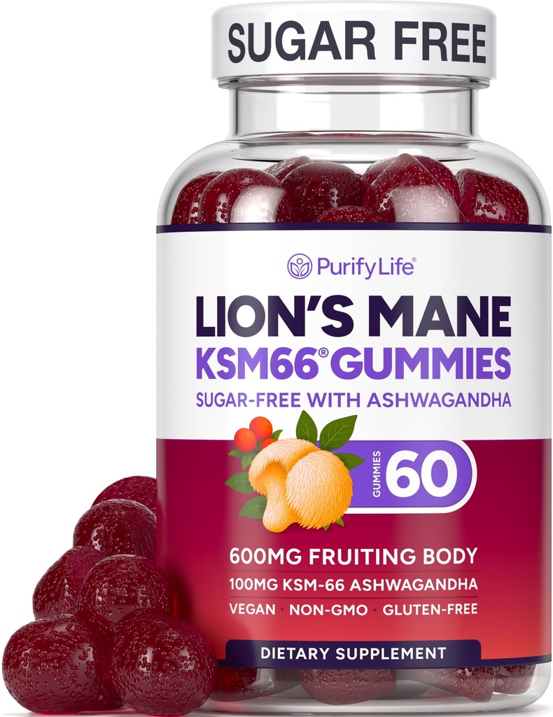 Sugar Free Lions Mane Supplement Gummies with KSM-66 Ashwagandha - Nootropic Sumu, Mental Clarity, Focus & Stressi tuki - Natural Berry Flavor, Vegan, Made in USA