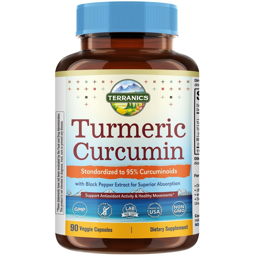 Turmeeric Curcumin Supplement 1800mg, Black Pepper 15 mg maksimaalinen absorptio, 95% Curcuminoidit, liikkuvuus & antioksidantti tuki, valmistettu Yhdysvalloissa, ei-GMO, Ei gluteenia, 90 vegan kapselit