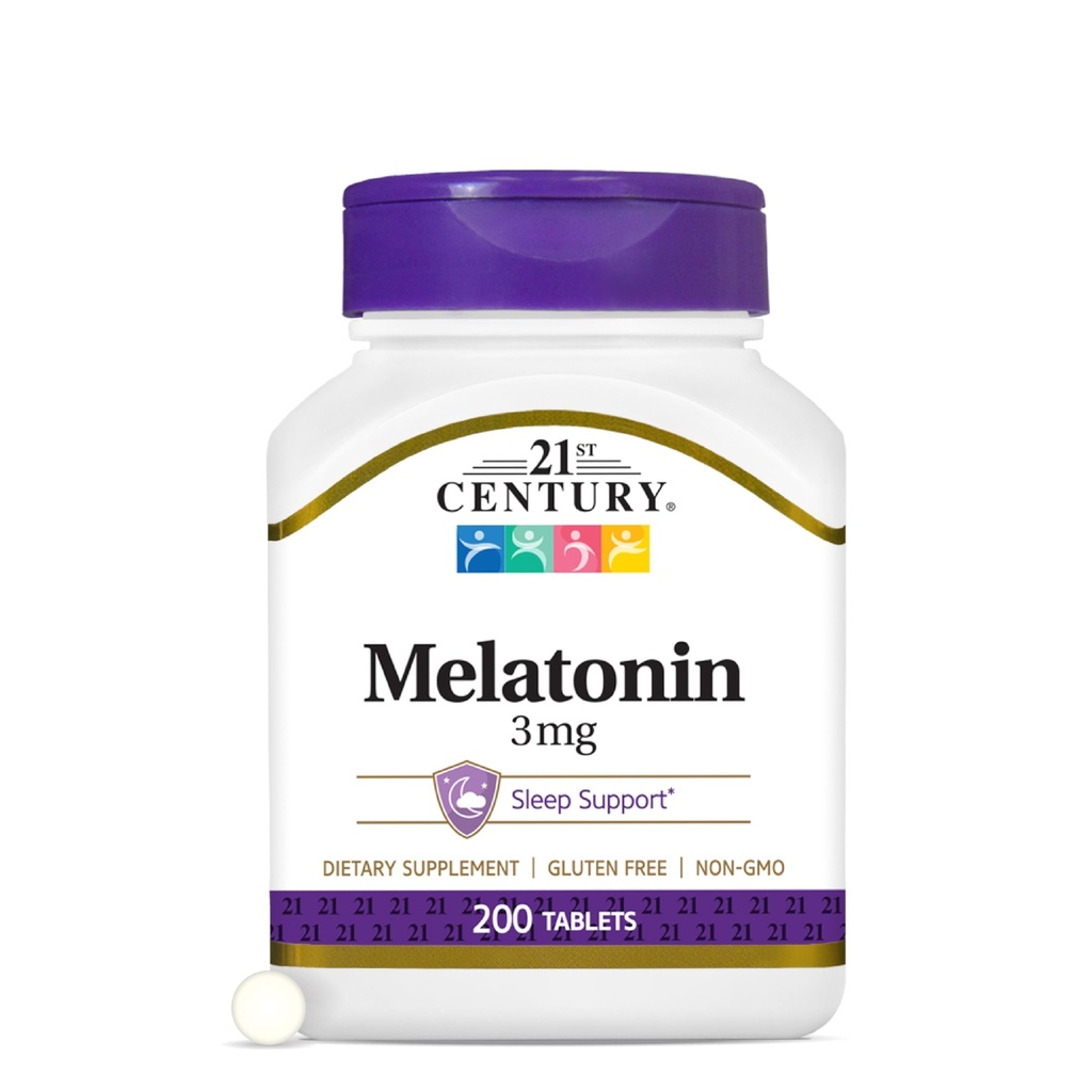 21st Century Melatoniini 3 mg Hellävaraiset vahvuustabletit, 200 kreivi, unilääke aikuisille, edistää rentoutumista ja lepoa, ei-luontoa muodostava, gluteeniton, ei-muuntogeeninen