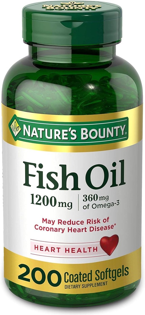 FIsh Oil by Nature's Bounty, Ravintolisä, Omega 3. Tukee Heart Health, 1200 Mg, 200 Nopea julkaisu Softgels