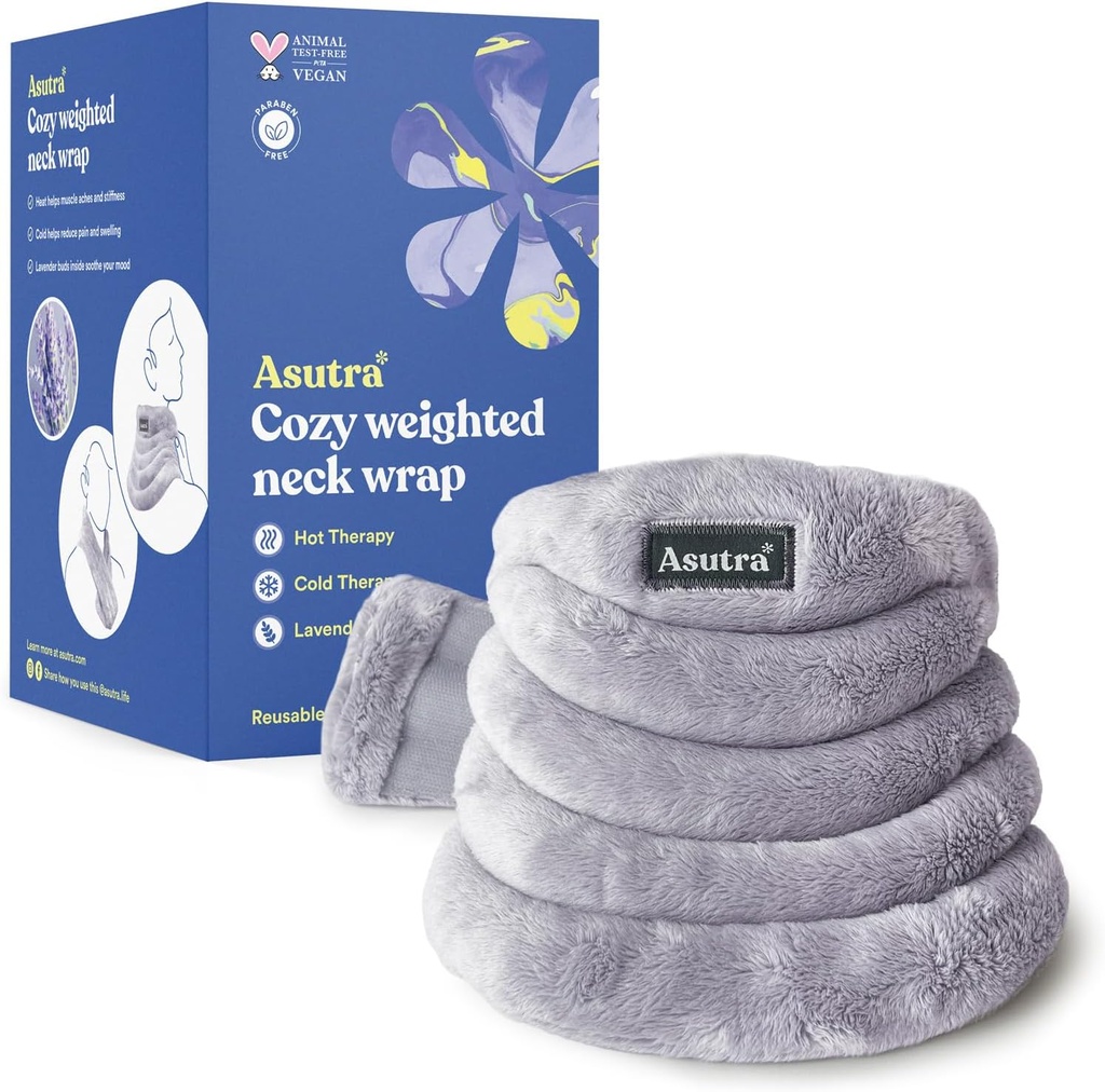 ASUTRA Weighted Neck Wrap, Plush Gray - Hands-Free Microwaveable Heating Pad för hals och axlar, Hot och Cold Compress, Lavender Aromatherapy
