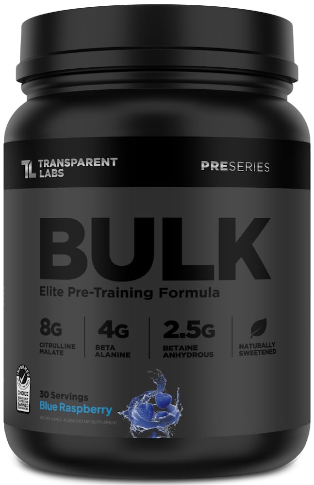 Läpinäkyvä Labs Bulk Black Pre Treenout - Kliinisesti annosteltu, luonnollisesti makeutettu Preworkout miehille ja naisille Beta Alanine Powder, Citrullline Malate, & Kofeiini - 30 Tarjoilut, Sininen Vadelma