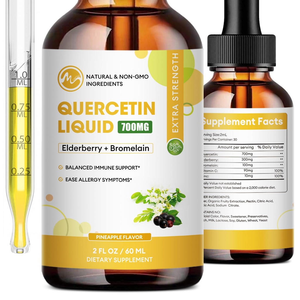 Quercetin Liquid Drops - Quercetin lisäravinteet 700 mg - 4X vahvempi kuin pillereitä ja kapseleita - 5 in 1 Quercetin ja bromasiinin Elderberry vitamiinin immuniteetin Health hengitysteiden ihonhoito- 2 Fl Oz