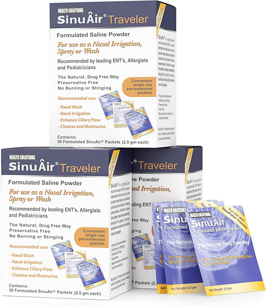 SinuAir 2.5 Gram Saline Packets - Natriumklorid med kalium och kalcium, Salt Solution Powder Refill Packs för Nasal Irrigation Machine, 90 Packets