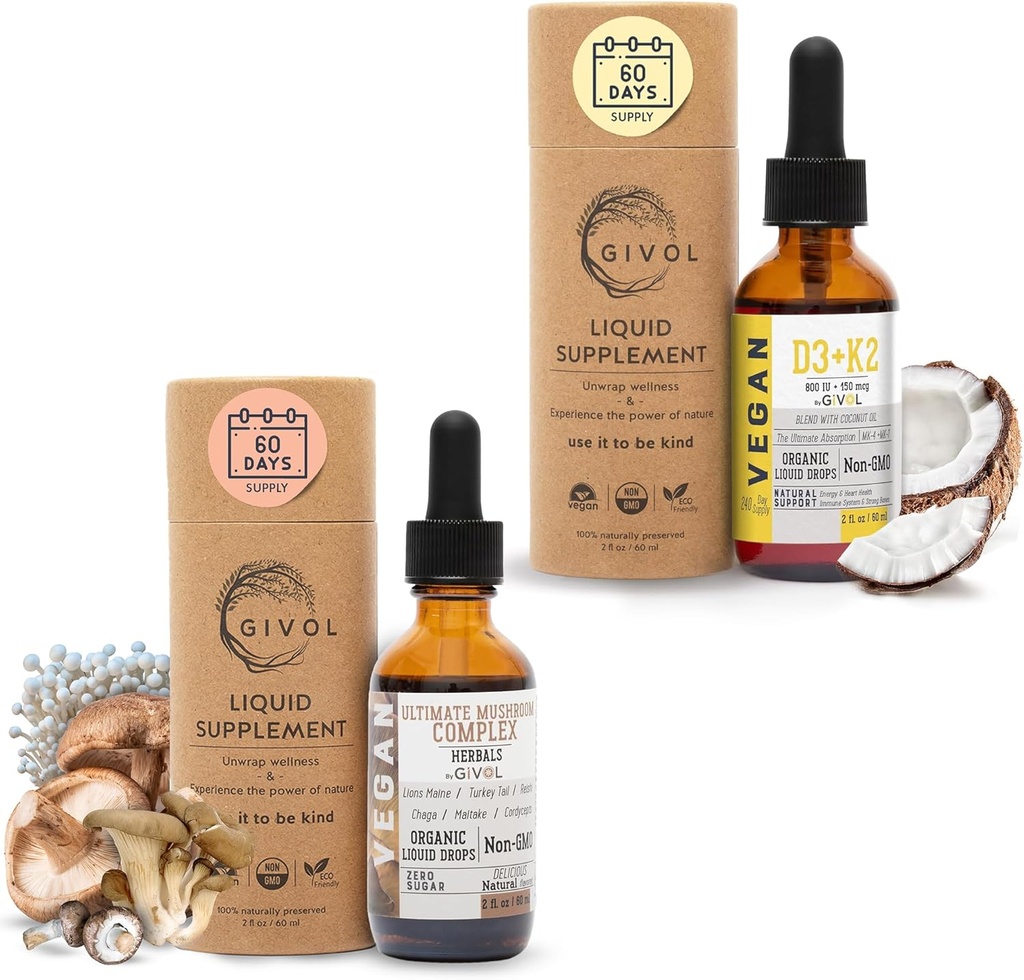 Ultimate Mushroom Complex Liquid Drops D3-vitamiini + K2 (MK4 & MK7) Natural Wellness: Plant-Baseed, Vegan Formula Fractionated Coconut Oil - Tukee ja päivittäinen elinvoima
