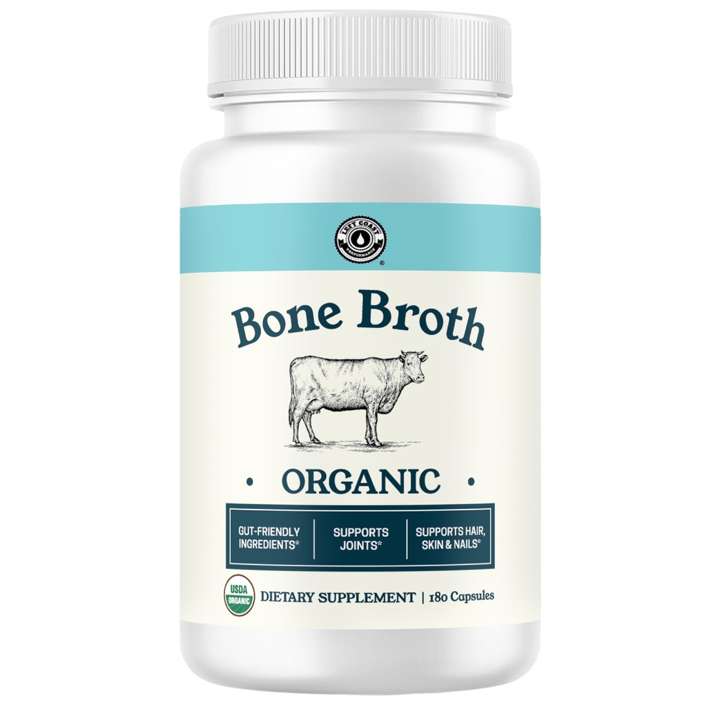 Grass-Fed Bone Broth -kapseleita ja Luomu-Bone Broth -jauhetta. Collagen täydentää kynsien, hiukset, nivelet ja ruoansulatuskanavan terveys* tukea. Gut Friendly-Igredients, 180 kapselia