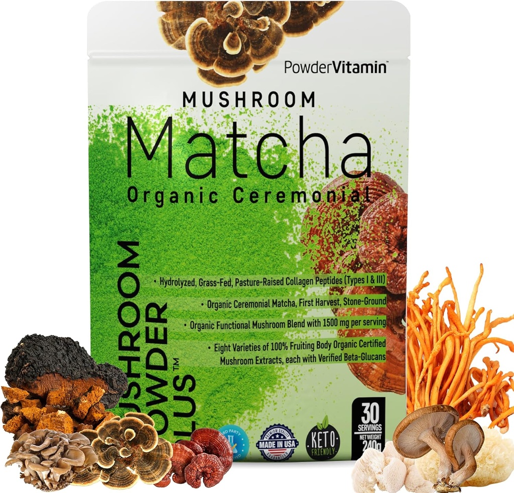 PowderVitamin Organic Seremonia Mushroom Matcha Certified Pesticides-Fed Collagen Tyypit I & III 8 Hedelmäruuti Sienet testattu beta-Glukaanit Focus Digestion & Immuniteetti 30 tarjoilua