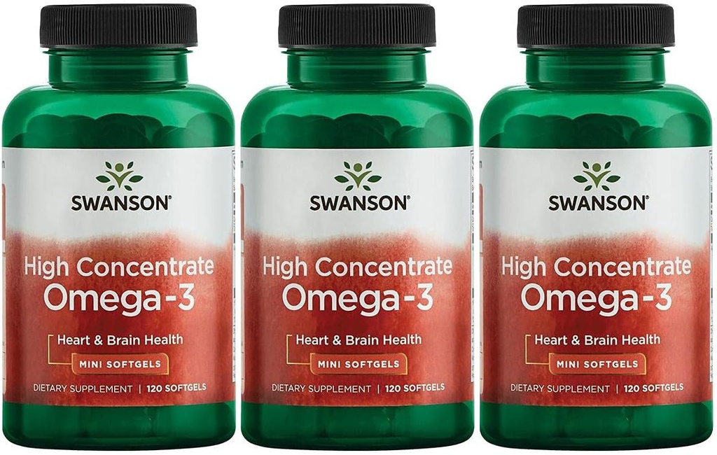 Swanson High Concentrate Omega-3 Fish Oil - Essential Fatty Acids - (120 Softgels, 680mg vardera) 3 Pack