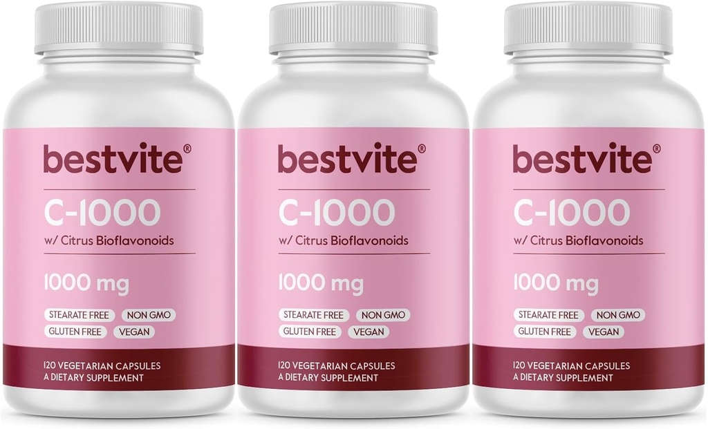 BESTVITE Vitamin C 1000mg (360 Vegetariska kapslar) (120 x 3) med Citrus Bioflavinoids - No Stearates - Vegan - Non GMO - Gluten Free