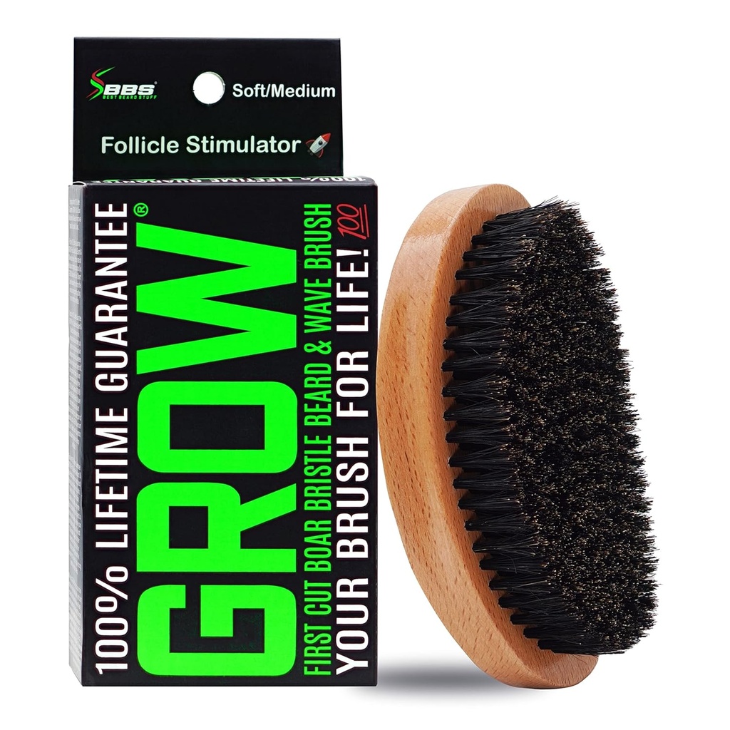 GROW Boar Bristle Beard Brush & 360 Wave Brush för Män - Beard och Mustache Growth Brush - Beard Brush för Män & Follicle Stimulator - Exfoliate, Detangle & Boost Circulation - USA Made