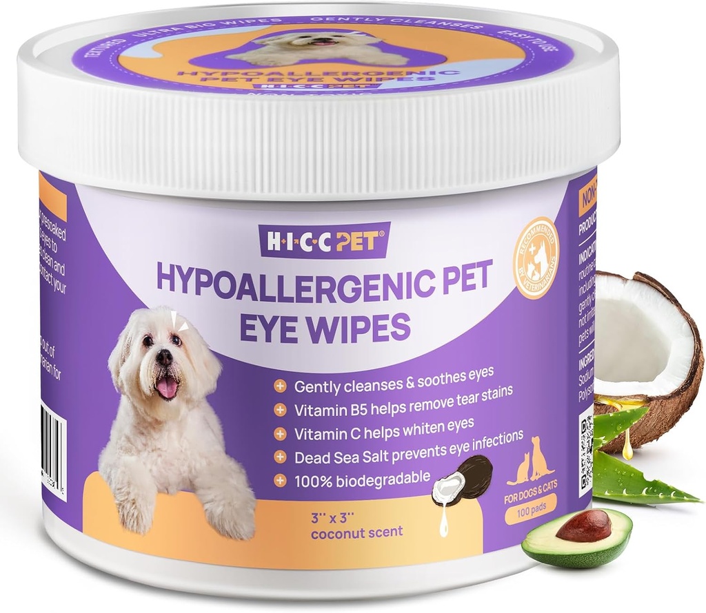 HICC PET Eyes Wipes for Dogs & Cats, Vet-Recommended Dog Eye Infection Treatment, Gently Remove Tear Stain, Debris, Discharge - Hypoallergenic Pet Eye Wash Cleaner för ögon, rynkor, ansikte - 100pcs