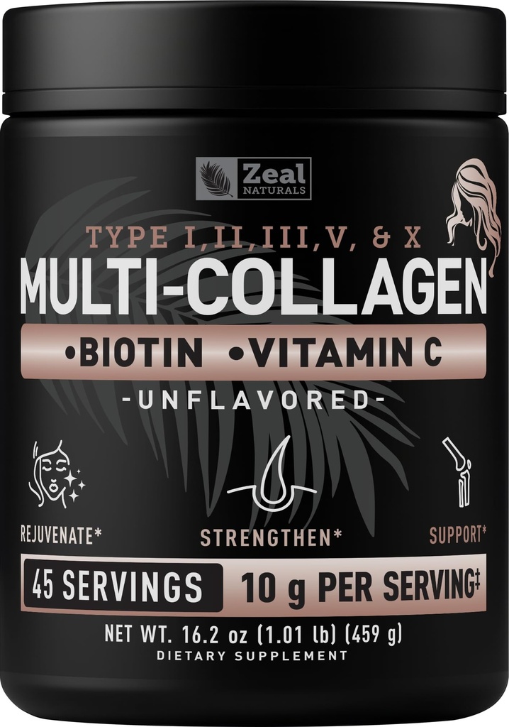 Premium Multi Collagen Peptides Protein Powder (1, 2, 3, 5 & 10), C-vitamiini, biotiini, hyaluronihappo, hius- ja kynnet - merimies, nauta, kananmunankuori (ei maustettu, 45 tarjoilua)