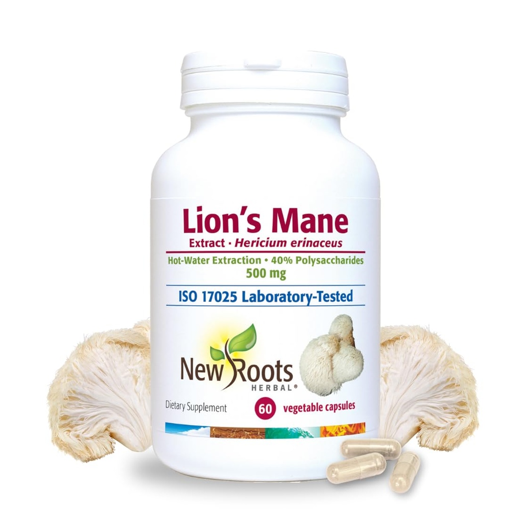 NEW ROOTS HERBAL Lions Mane Supplement Kapselit ... 500 mg Lionin mane-sieniuutetta...
