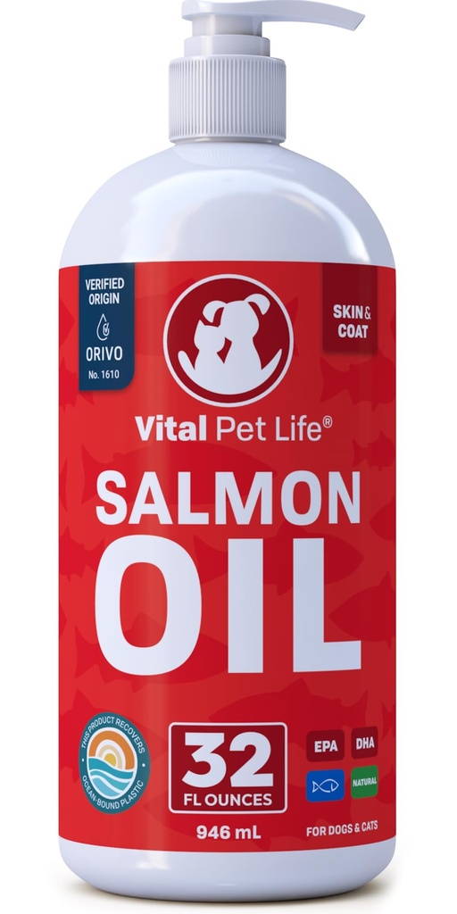 Lohiöljy koirille ja kissoille - Terve iho ja turkki, kalaöljy, Omega 3 EPA DHA, nestemäinen ravintolisä lemmikkieläinten, kaikki luonnolliset, tukee Joint & Bone Health, Natural Allergia ja tulehdus puolustus, 32 oz
