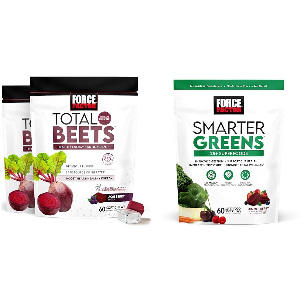 Force Factor Total Beets Soft Chews med Beetroot, Grapeseed Extract, Antioxidanter, Nitrater, L-Citrulline, 120 Count, 2-Pack och Smarter Greens Superfood Chews med 25 + Superfoods, Probiotika, Antioxidanter och Fiber, 60 Count