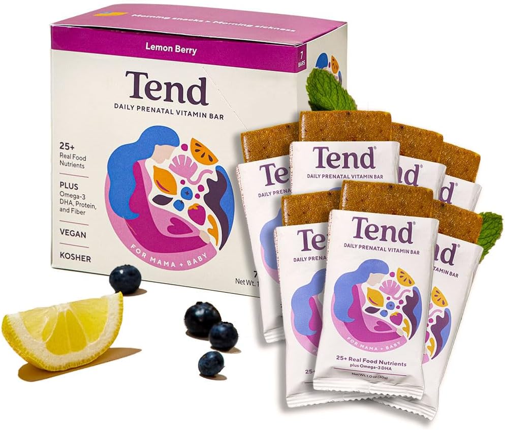 Tend Daily Best Prenatal Vitamin Bar, tillverkad med organiska ingredienser för gravida och postpartum mammor, Inkluderar DHA, vitamin D, B, Choline, Folate - Lemon Berry (7ct)