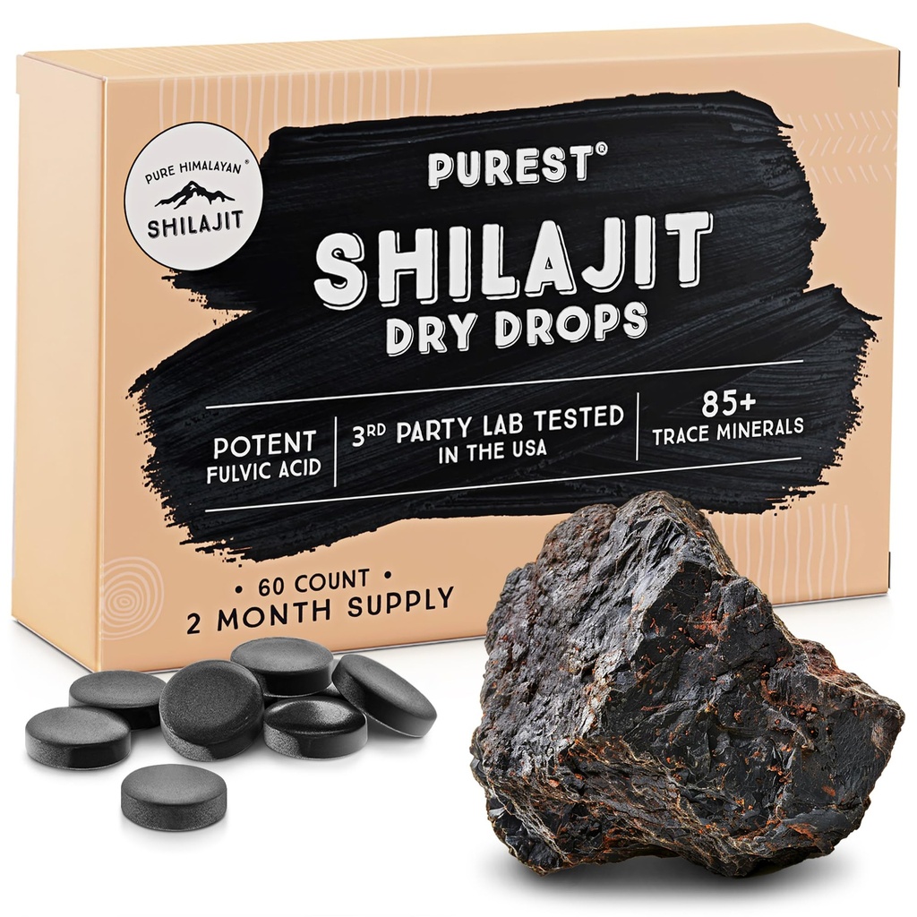 Puhtaat Himalajan shilajit kuivat drops, 100% Pure Natural Shilajit, Grade A, Max Potency 85+ Clean Trace Minerals & Fulvic Acid for Energy, aineenvaihdunta & Immuuni tuki täydentää miesten & naisten (60 tabs)