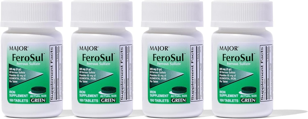 Major Ferosul - Ferrous Sulfate 325mg tabletter med 65mg Elemental Iron - Järntillskott för kvinnor, män - grön - 100 greve (4 Pack)