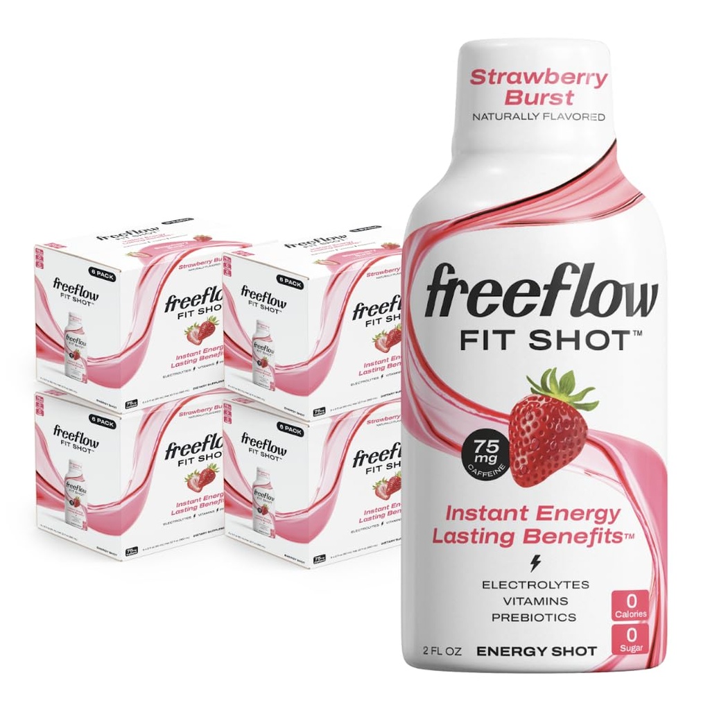Freeflow Fit Energy Shots, Strawberry Burst, Natural Kofeiini Boost L-theanine, Ginseng, Vitamiinit, Prebiootit, Electrolyyttejä (24 Count, 2oz Shots)