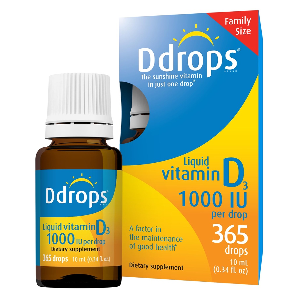Ddrops Vuxna 1000IU 365 droppar - Liquid Vitamin D3 Supplement, Stödjer starka ben & immunsystem
