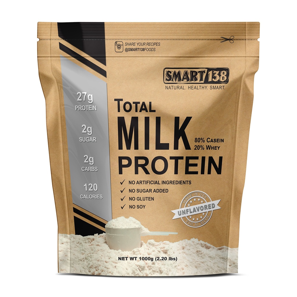 Smart138 Kokonaismaitoproteiini - 80% Kaseiini 20% Whey - RBST/rBGH Hormoni ilmaiseksi, gluteeniton, soijaton, ei-GMO, USA, Keto Low Carb, Natural BCAAs (1000g / 2.2lbs, Ei makua)