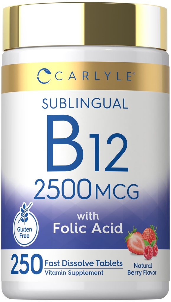 Carlyle Vitamin B12 Sublingual 2500 mcg | 250 Fast Dissolve Tablets | Cyanocobalamin Supplement med folsyra för vuxna | Natural Berry Flavor | Vegetarian, icke-GMO och Gluten Free
