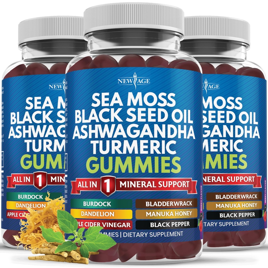 Sea Moss Gummies, Sea Moss, Black Seed, Ashwagandha, Turmeric, Manuka Honey, ACV, Voikukka, Black Pepper, Black Pepper, Blackdock, Black Wrack, Vegan- 180 Count