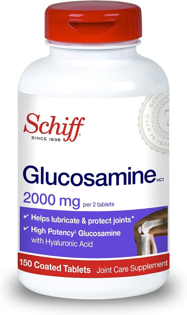 Schiff Glukosamiini 2000 mg (per Serving) + Hyaluronic Acid Tabletit (150 Count in a Bottle), Joint Care Supplement, joka auttaa tukemaan yhteistä liikkuvuutta ja joustavuutta, tukee rakennetta Cartilage