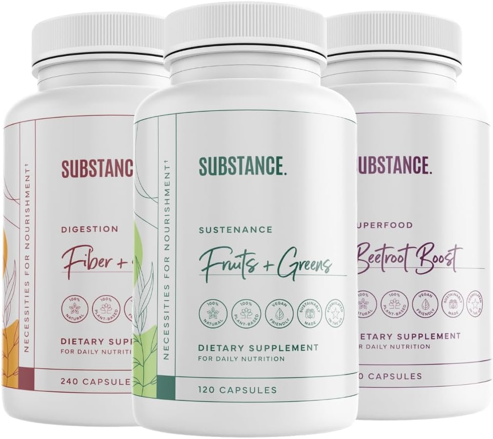 SUBSTANCE. 3-Pack Overall Wellness Bundle: Nature's Sustenance Daily Fruits & Veggies (120 Caps) + Fiber & Spices (240 Caps) + Beetroot Boost (180 Caps) - USA Made, Vegan-Friendly