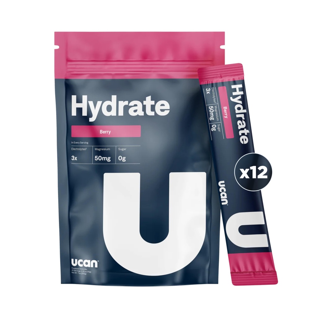 UCAN Hydrate Electrolyte Drink Mix (Berry, 12 Sticks) Sokeriton, Keto-friendly, Vegaani, ei-GMO, gluteeniton Elektrolyyttijauhe Kalium & Magnesium Runnereille ja urheilijoille
